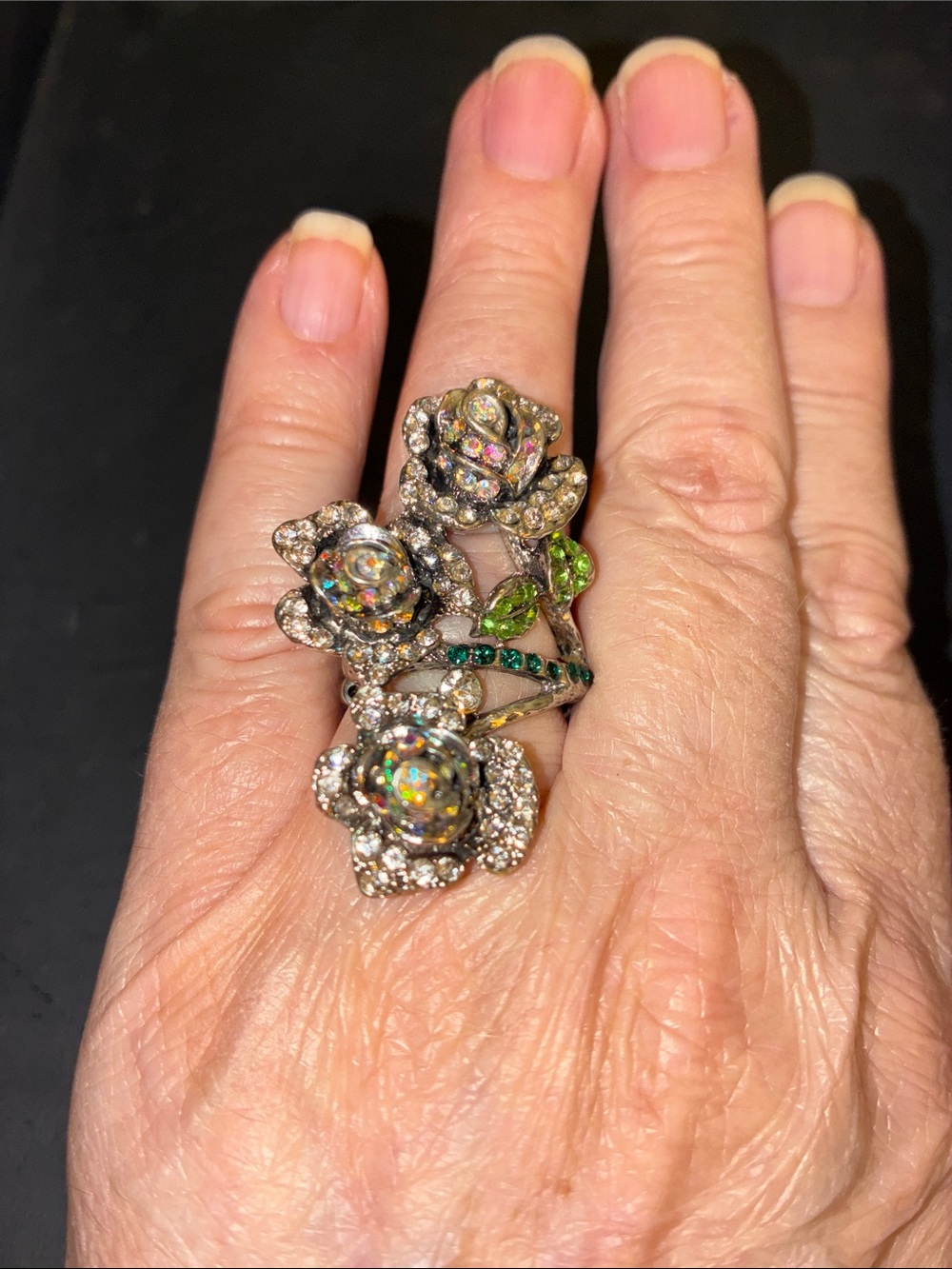 Featuring Three Crystal Rose Blooms Cocktail Stretch Ring with Green Accents